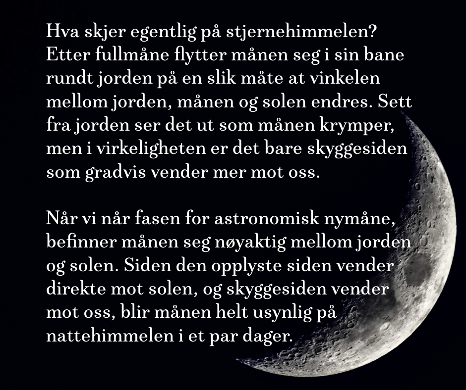 Måne i mørk himmel med tekst om hvordan månens fase endrer seg mellom jorden og solen.