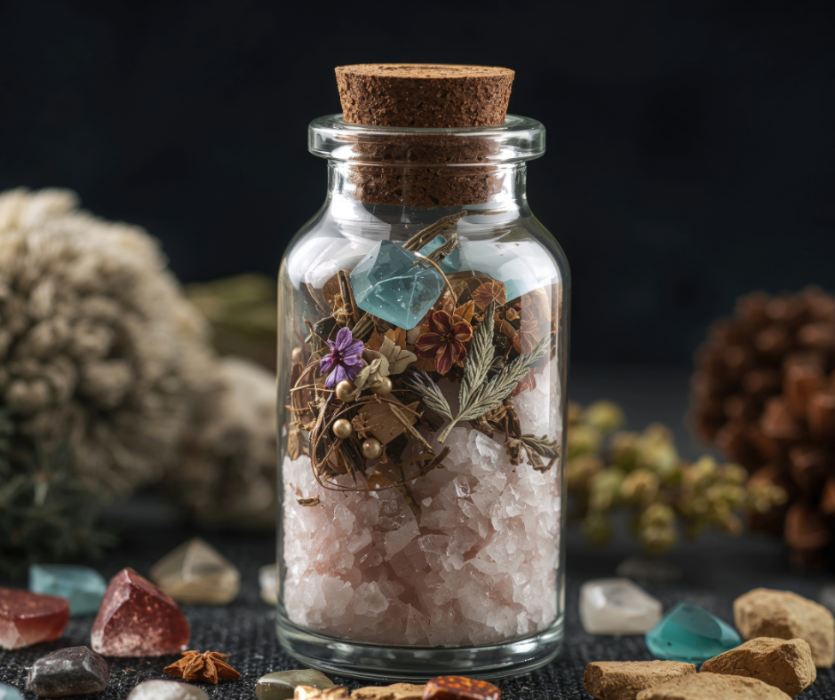 Glassflaske med kork, fylt med grov saltskrubb, tørkede blomster og blå krystaller på mørk bakgrunn.