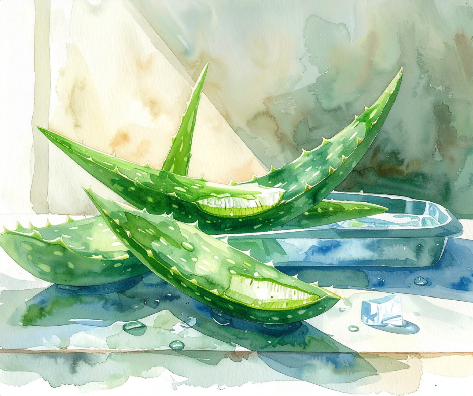 Grønne aloe vera-blader ligger på bord ved siden av blått glass, akvarellmalt med vanndråper.